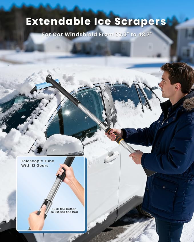helloleiboo 43.7" Extendable Ice Scrapers for Car Windshield for 12 Adjustable Length Settings with Foam Grip and 360° Pivoting Brush Head Detachable Snow Brush for Truck SUV(Blue)