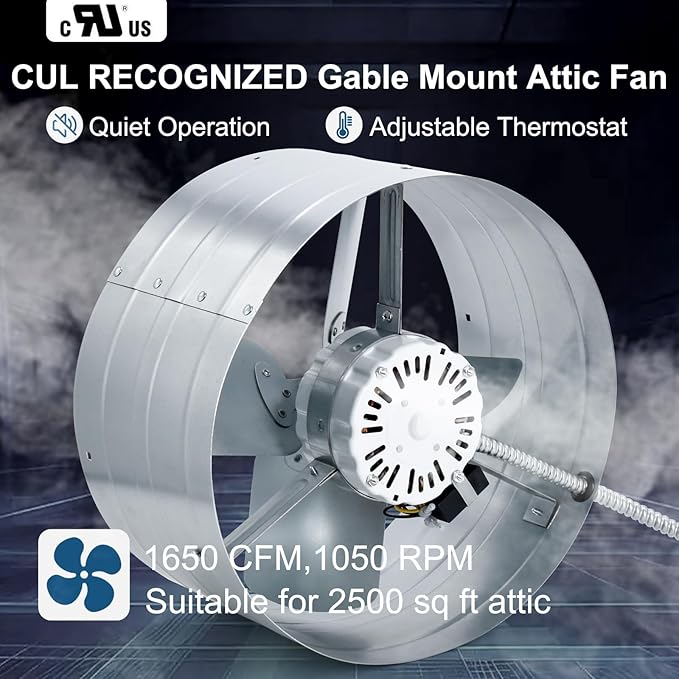 Criditpid 15" Gable Mount Vent Attic Fan, Exhaust Ventilation Fan with Adjustable Thermostat for Gable, Home, Shed, Garage, Portable Building, 3.4A, 1650CFM, 1075RPM, 2500 Sq.Ft Coverage Area.