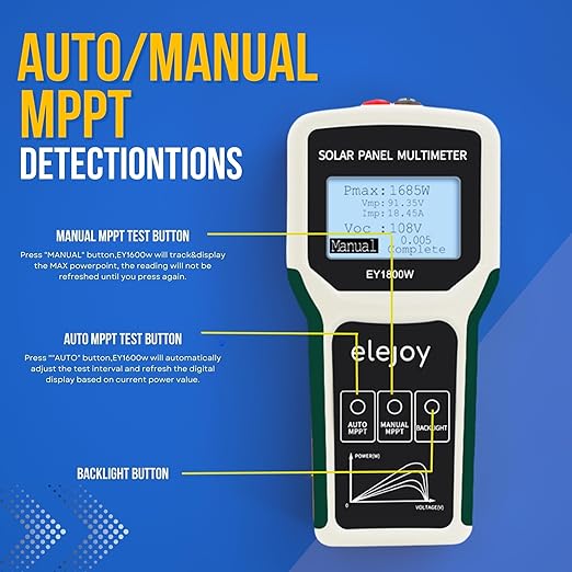 EY1800W Solar Panel Tester Multimeter, DC/AC Solar Panel Watt Meter, Photovoltaic Panel Solar Power Tracker, Auto & Manual MPPT Open Circuit Volt Current Troubleshoot Utility Tool Backlit LCD Display