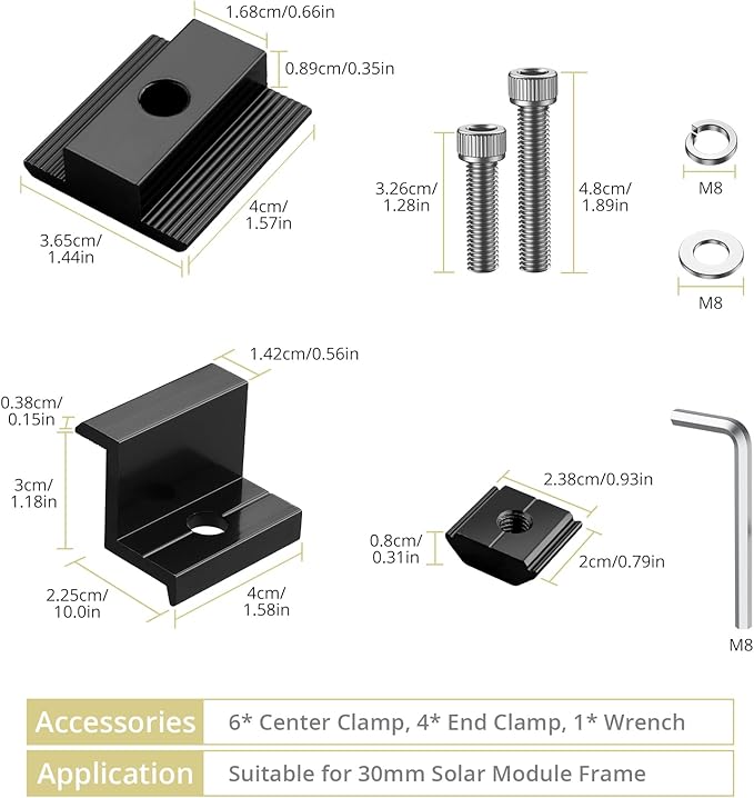 Anbte 10 PCS Solar Panels Brackets 30mm, Aluminium 6 x T-Shaped Mid Clamps + 4 x End Clamps, Solar Panel Mounting Brackets for Metal, Tin, Flat, Sheet Roofs, RV, Black