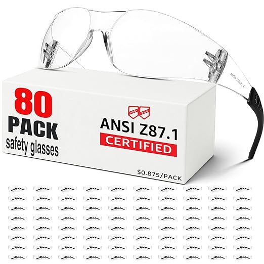 Clear Safety Glasses 80 PACK,ANSI Z87.1 Safety Glasses Bulk, Universal Fit,Impact and Scratch-Resistant Clear Eye Protection for men, Lab,Construction,Shooting Range,Woodworking,Outdoor
