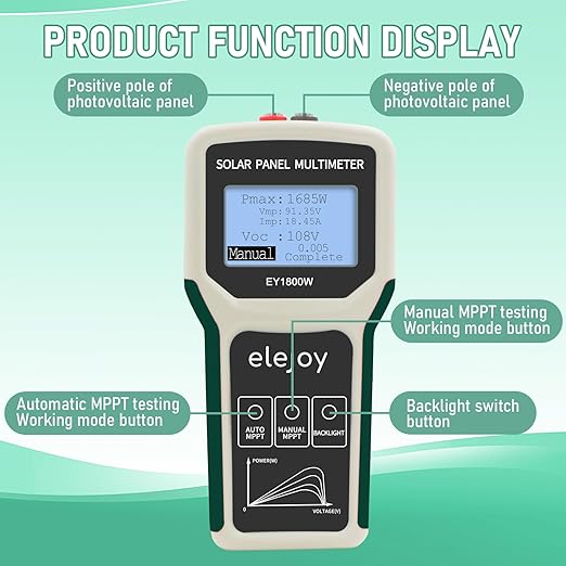 EY-1800W Solar Panel Tester MPPT Photovoltaic Panel Multimeter, Upgraded Measuring Range (5~1800W, 20~120V, 0~60A), Smart MPPT Tools for Testing Solar PV Panel Data and Troubleshooting