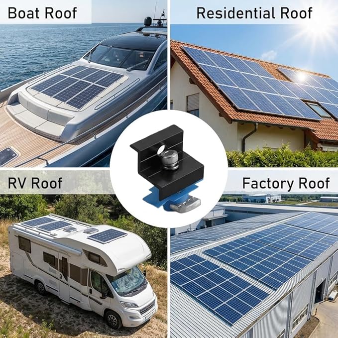 12-Pack Black Aluminum 30mm/35mm Solar Panel End Clamps for Standard Unistrut, Mounting Brackets with Hardware, for Metal, Tin, Flat & Sheet Roof Solar Installation