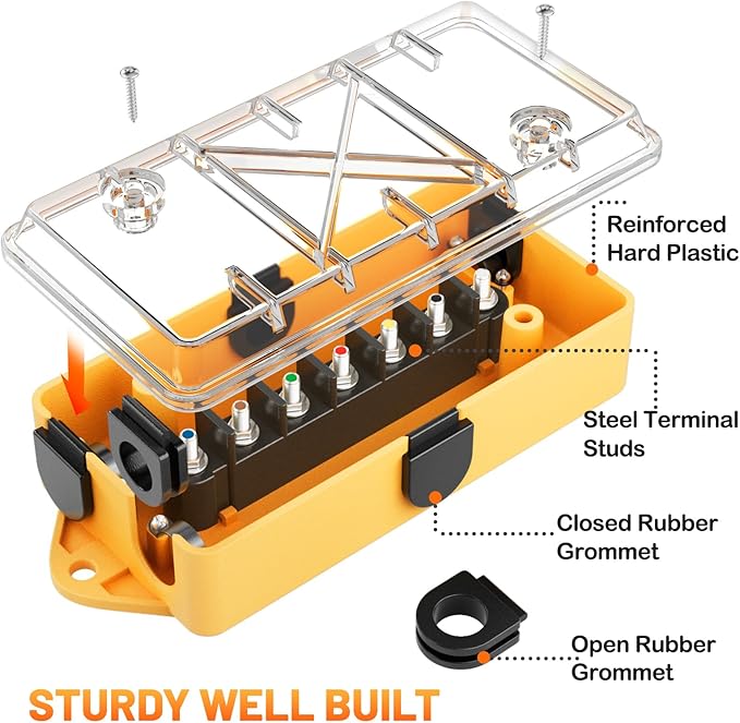 MECMO 7 Way Trailer Wire Junction Box Clear Cover Color-Coded 7 Pin Terminal Studs, Heavy Duty 7 Gang Trailer Wiring Connector Weatherproof Electrical Junction Box for Rewiring RV Camper Trailer Light