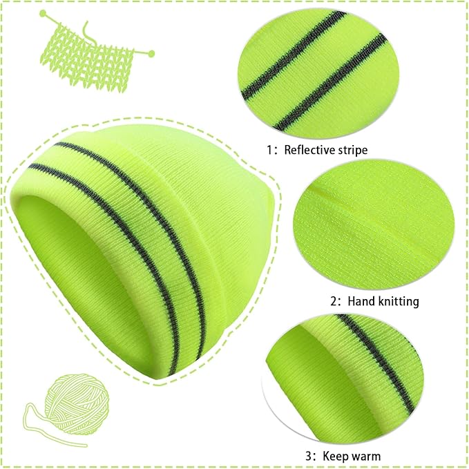JenPen 3 Pcs Safety Beanie Reflective Hat Winter High Visibility Unisex Knit Beanie Hat Running Cap Headwear for Men Women