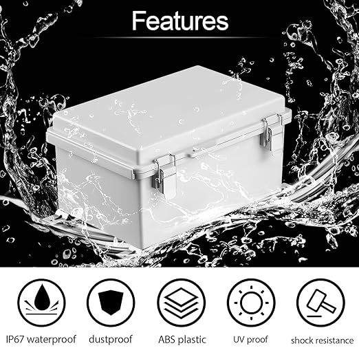 LeMotech Electrical Box, IP67 Waterproof Hinged Cover Stainless Steel Latch Junction Box, ABS Plastic Electrical Enclosure with Mounting Plate,Wall Brackets, Cable Glands,11.4"x7.5"x5.5",Grey