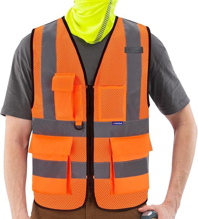 A-SAFETY High Visibility Mesh Safety Reflective Vest with Pockets and Zipper,Hi Vis Viz Reflective Safety Vest(Orange Mesh 4XL-5XL)