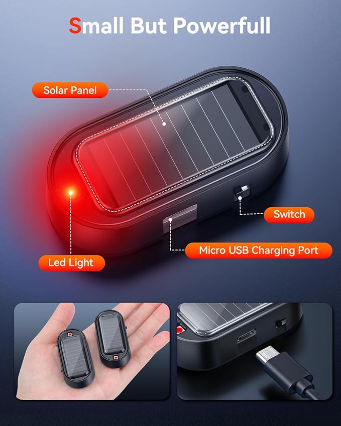 Car Solar Power Simulated Dummy Alarm, Vehicles Security Anti-Theft LED Flashing Fake Lamp with Light Sensor, Car Alarm Light for SUV, RV, Truck (4PC,Red)
