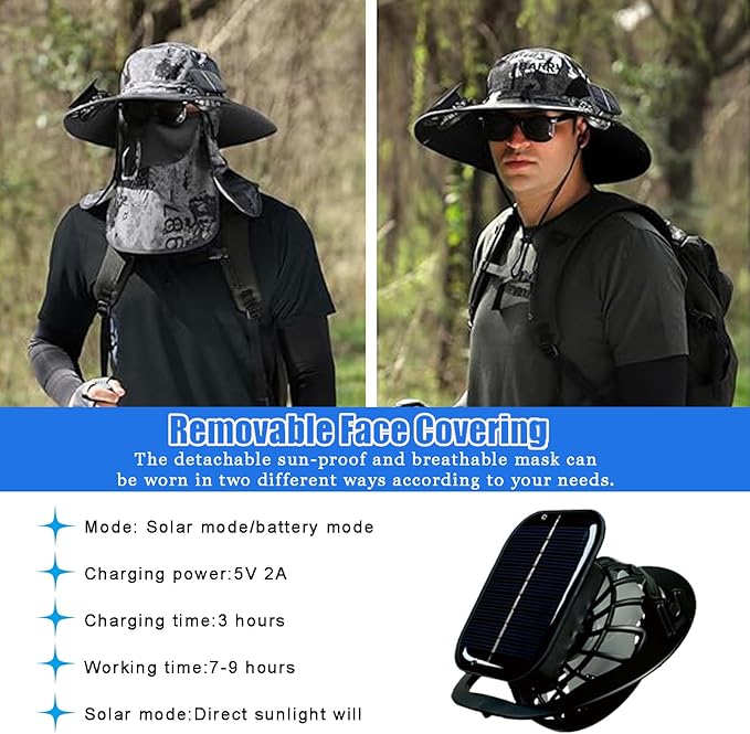 2026 Wide Brim Sun Hat with 2 Solar Fan,Grey Fishing Hat with Removable Neck Cap and Face Mask,Sun Bucket Hat for Men or Women Fishing Outdoor Hiking Camping Gift for Father Husband Boyfriend