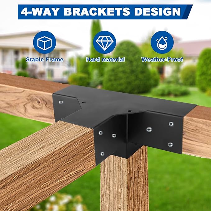 Pergola Gazebo Brackets Kit Nopwer - 4-Way Right Angle Corner Bracket for 4x4 Inch Wood Beams