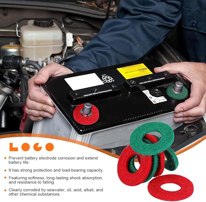 Car Battery Terminal Washer Pad, 24PCS Anti Corrosion Vehicle Battery Top & Side Terminal Protector, Automotive Fiber Shim Cleaning Accessories, Universal for SUV Sedan Truck (Red/Green)