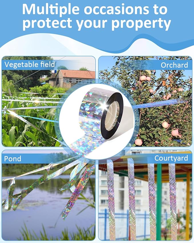 2×502 Ft Bird Scare Tape Ribbon, Double Sided Holographic Flash Reflective Bird Tape, Deterrent Visual Audible Bird Repellent Devices for Outdoor, Garden, Balcony (Irregular)