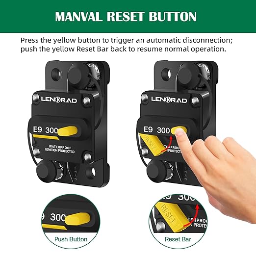 LENKRAD 300amp Marine Circuit Breaker 12V RV 300A Thermal Circuit Breaker with Manual Reset Switch Button for Trolling RV Yacht, 12V - 48V DC, Waterproof, Surface Mount(300 Amp Boat Circuit Breaker)