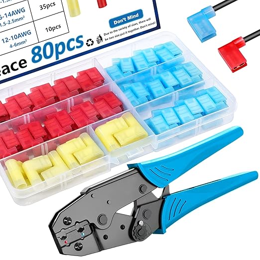 smseace 81pcs Right Angle Spade Connectors with Flag Terminal Crimper 22-18/16-14/12-10AWG Quick Disconnect Flag Connector + Electrical Crimping Tool for Right Angle Spade Connector