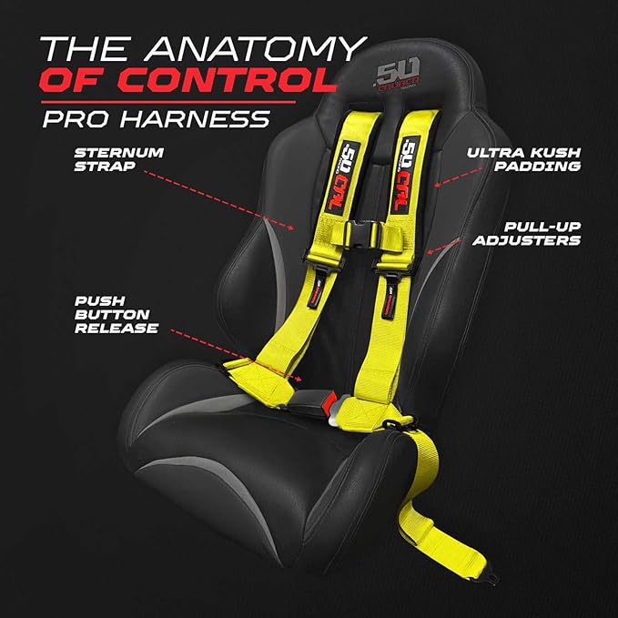 1pc 4 Point Harness for Bucket Seat, Push Release, 10 Color Options, Racing Harness, Race Car, Off Road, UTV, RZR (Yellow, 2 inch)