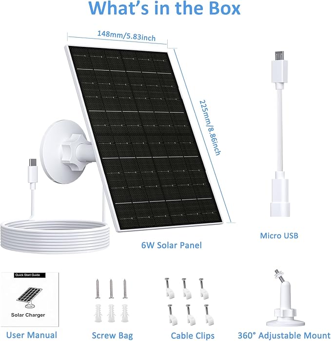 FUTUREZEN Solar Panel for Security Camera, 6W Micro USB & USB-C Solar Charger Compatible with 5V Rechargeable Battery Cameras, IP66 Waterproof, 360° Adjustable Mount, 9.8ft Cable (1 Pack, White)
