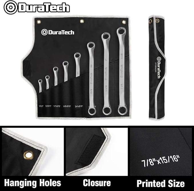 DURATECH 50-Degree Offset Wrench Set, SAE, Double Box End Wrench Set, 8-Piece, 1/4'' to 1-1/4'', 12 Point, CR-V Steel, with Easy Hang Rolling Pouch