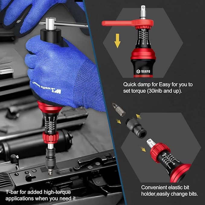 VANPO Torque Screwdriver Set 10–80 in-lb, 99-Piece Precision Torque Driver Kit with T-Bar & 1/4" Quick-Change Adapter, Adjustable for Scope Mounting, Electronics Repair, Bicycle Maintenance