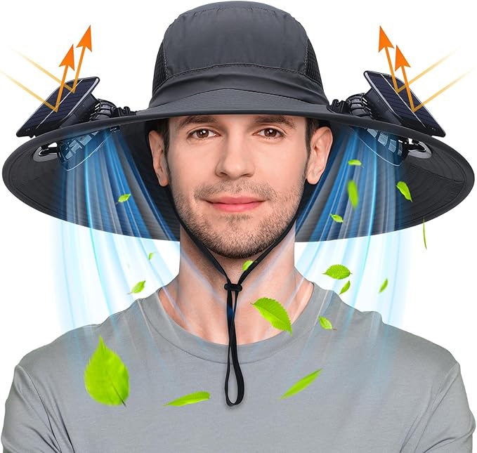 Berlune Men Sun Hat with 2 Solar Fans Wide Brim Outdoor Fishing Hat USB & Solar Powered for Sun Protection Camping Hiking