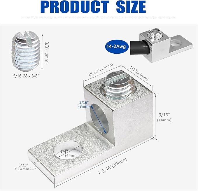 Aluminum Mechanical Lugs 16Pcs, 5/16"-24 Stud Size with 1/4" Mounting Hole, for 14-2 AWG Wire, Tin-Plated Cable Lugs for Solar Grounding, Battery, Electrical Panel, Junction Box