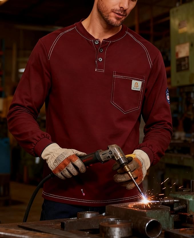 BOCOMAL Men's FR Henley Shirt Flame Resistant 5.5oz Cotton Long Sleeve Workwear UL NFPA2112 CAT2 Welding Tee