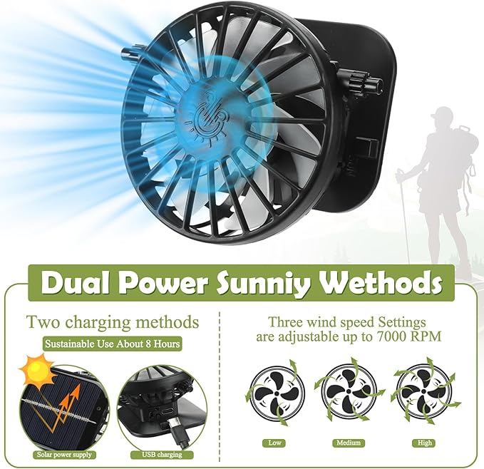 Berlune Men Sun Hat with 2 Solar Fans Wide Brim Outdoor Fishing Hat USB & Solar Powered for Sun Protection Camping Hiking