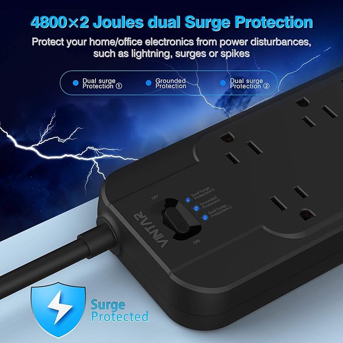 VINTAR Power Strip Surge Protector with 12 AC Outlets, 1875W Output, 10FT Long Extension Cord Flat Plug with Dual Surge Protection (2 × 4800 Joules) for Office, Home, ETL Listed, Black