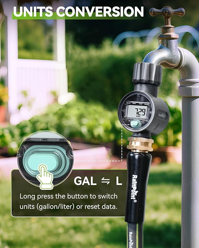 RAINPOINT Water Flow Meter, ±5% Accuracy, Measure Consumption and Flow Rate up to 9999.9 Gallon/Liter, Water Meter for RV, Garden Hose, Pool, Lawn Sprinkler & Nozzle Sprayer
