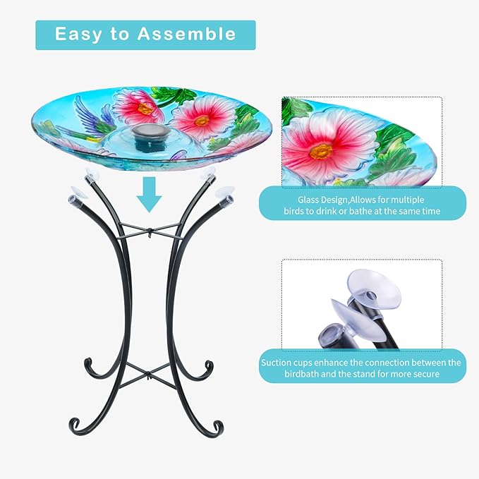 VCUTEKA Solar Birdbath Glass Bird Bath Outdoor with Metal Stand for Lawn Yard Garden Decor, Hummingbird