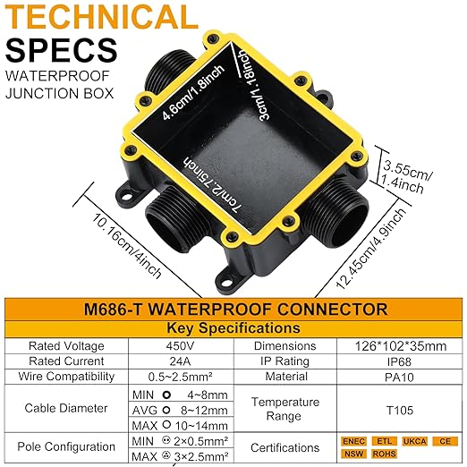 IP68 Waterproof Junction Box,t-Shape 3-Way Waterproof Splice Box Outdoor with 3 Cable M25 Gland Wire Connector Electrical Junction Box for 4-12mm Diameter Cable, Black