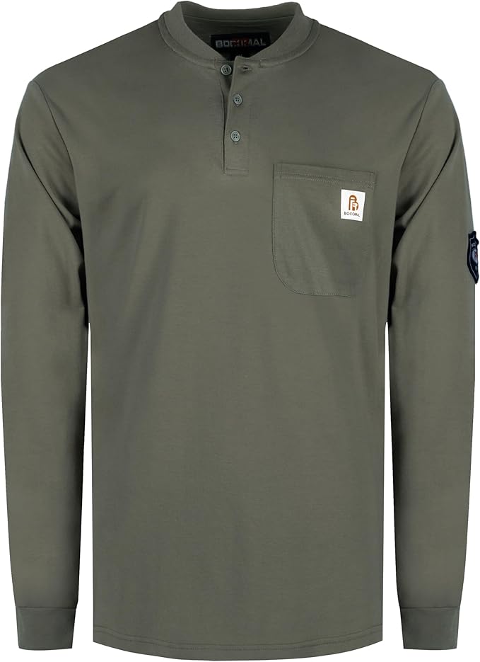 BOCOMAL FR Shirts Flame Resistant Shirt 5.5oz 100% Cotton Light Weight CAT2 Fire Retardant Henley Shirts