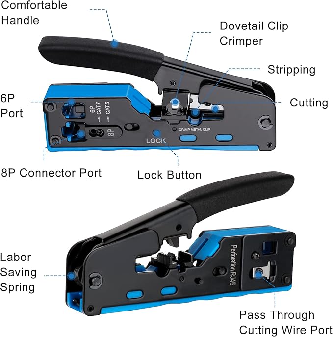RJ45 Crimp Tool Pass Through,All-In-One Modular Ethernet Crimper for CAT7 CAT6A CAT6 CAT5E CAT5,Ethernet Crimping Tool Kit,Network Terminal Crimper Tool