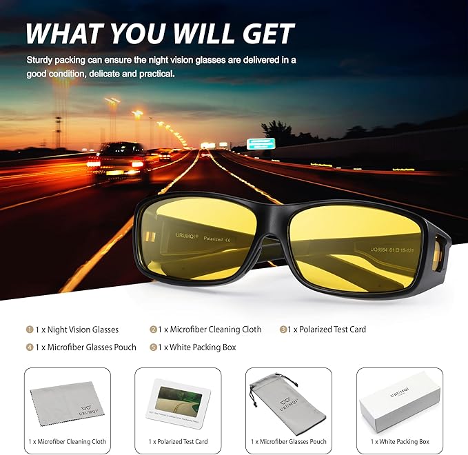 URUMQI Night Vision Driving Glasses Fit Over Eyeglasses for Men Women, Anti Glare Polarized Nighttime Glasses Yellow Lens