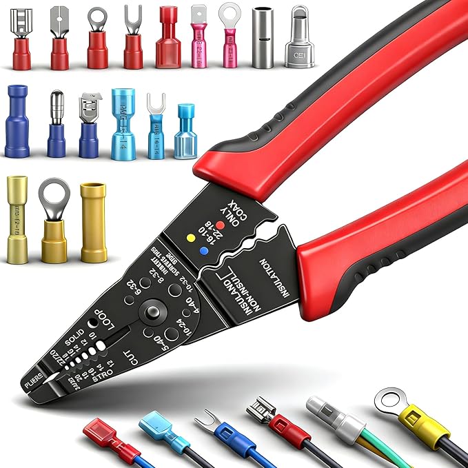 smseace Red Wire Crimping tool Wire crimper,stripper and cutter for insulated/Bare/Heat Shrink connectors(22-10 AWG) Multifunctional Cable Stripper and Crimping tool