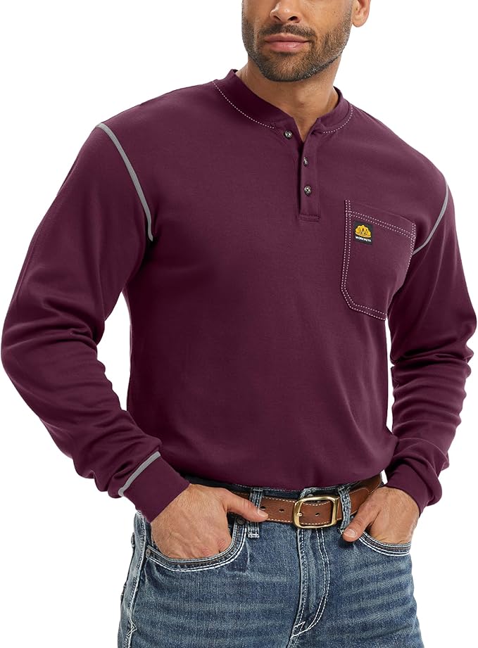 WORKWEYA FR Shirts for Men 6.5 oz Flame Resistant Long Sleeve Henley Shirt NFPA 2112/CAT2