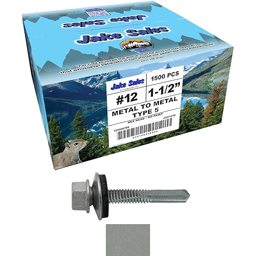 12 x 1-1/2" NO Paint Type 5 Drill Point Roofing Screws - Hex Washer Head - Self-Starting/Tapping - EPDM Washer. 6 X 250 Bags - 1,500 Screws