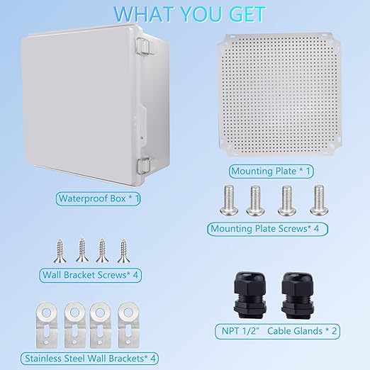 IP67 Waterproof Junction Box, ABS Plastic Electrical Enclosure with Stainless Steel Latch, Hinged Cover Electric Box with Mounting Plate, Wall Brackets & Cable Glands 300x300x180mm
