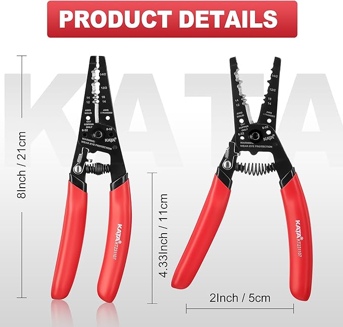KATA Wire Cutter/Wire Stripper Tool, 8 Inch Dual NM Cable Stripper/Cutter Cuts Solid Copper Wire, Wire Stripping Crimper Plier Strips 12-14 AWG Solid Wire, 14-16 AWG Stranded Wire for Electricians