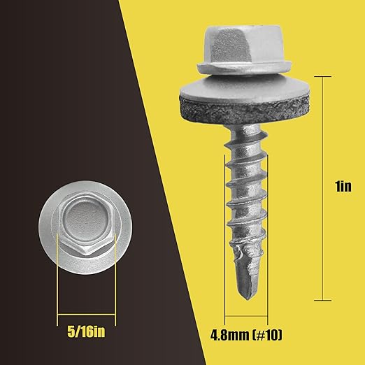 300pcs #10 x 1 Galvanized Hex Head Self-Drilling Metal Roofing Screws, EPDM Washer, No Paint, Wood Screws, Sheet Metal Roof Screw with Hex Driver Bit