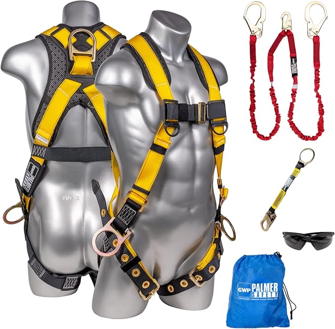 Palmer Safety Fall Protection Safety Harness Kit I Construction Harness + Various Lanyard + D-Ring Extender