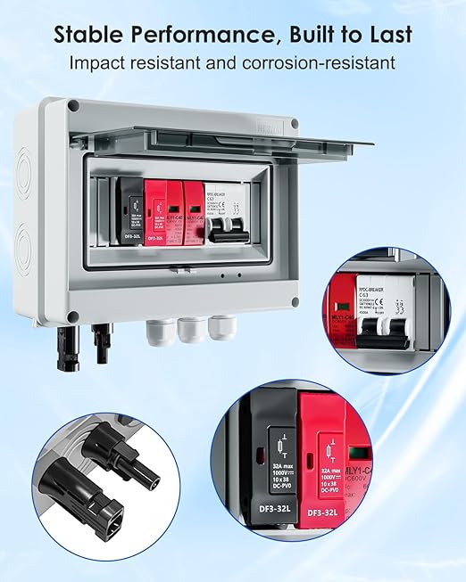 600V Solar DC PV Combiner Box, 1 String IP65 Waterproof 63A Circuit Breaker Box, 2Pcs 32A Fuse & Lightning Arrester Connector for On/Off Grid Solar Panel System, 1 Input 1 Out