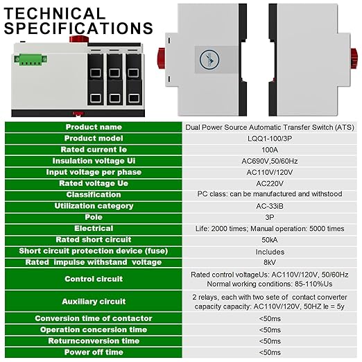 AC110V 100Amp Automatic/Manual Transfer Switch 3P 50/60Hz, 3Poles Mini ATS Auto Dual Power Switch Automatic Changeover Fast Transfer for Home Generator, Soalr, Rv and Lv Power