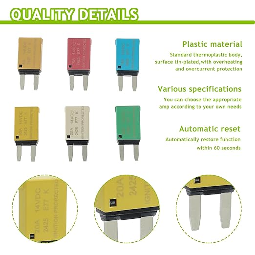 5A 10A 15A 20A 25A 30A DC 12V-14V Auto Reset Circuit Breaker ATM Low Profile T1 Mini Blade Fuses Breakers for Car Trucks Marine Boat RV Solar and More