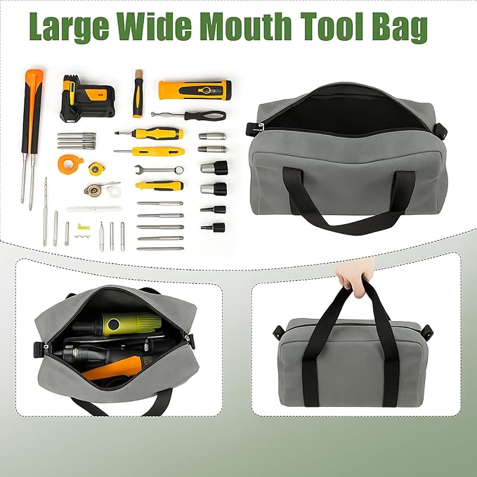 Small Tool Bag,Close Top Wide Mouth Tool Organizer Bag,Large Capacity Tool Bags for Men,Canvas Tool Storage Bag for Storage Handbag for Screwdrivers,Wrench,Pliers Hand Tools (Gray, 14 Inch)