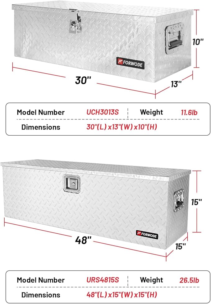 FORWODE 30&48 Inch Aluminum Truck Tool Box Lockable Truck Bed Tool Box Waterproof Truck Bed Storage Box with Gas Struts Side Handle Truck Tool Chest for Pickup, Truck Bed, RV, Trailer&Garage (Silver)