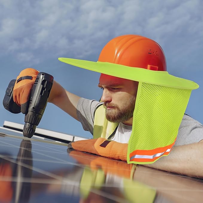 Hard Hat Sun Shade Full Brim, Hard Hat Visor Mesh Neck Sun Shield with Reflective Strips, Yellow