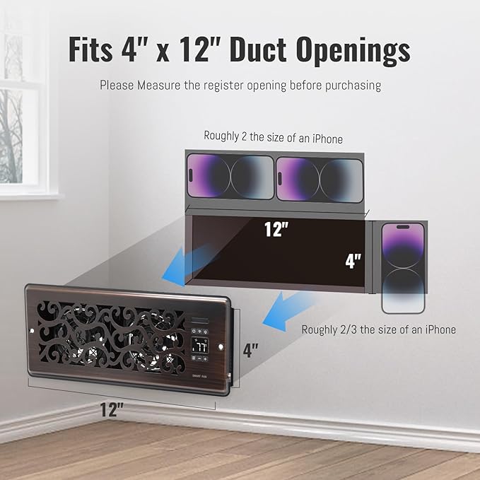 Register Booster Fan for 4" x 12" Register Holes, Quiet Vent Fan Booster with Intelligent Thermostat, Improves Heating Cooling, App Control, 10-Speeds, Charleston Smart Register Vent, ORB