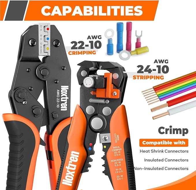 Wire Stripper and Crimping Tool, AWG 24-10 Self-Adjusting Stripper Tool with AWG 22-10 Ratcheting Wire Terminal Crimper for Heat Shrink Wire Connectors