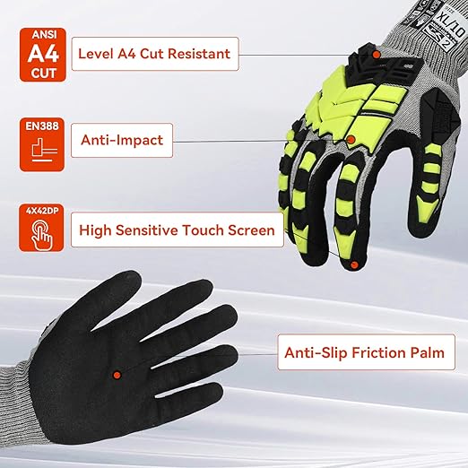 Safety Work Gloves,Impact Gloves for Men Women,Cut Resistant Non-Slip Heavy Duty Gloves with Nitrile Grip,Touch Screen Glove with Impact Protection for Gardening Mechanic Construction, Medium