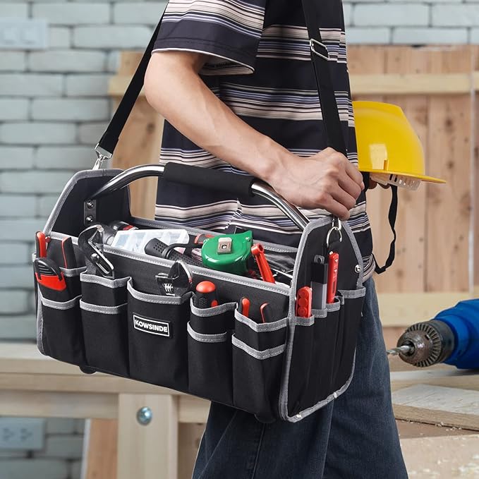 16 Inch Tool Bag, Electrician Tool Bag, Open Top Tool Bags, 26 Pockets Can Hold Many Tools, Steel Handle and Removable Shoulder Strap